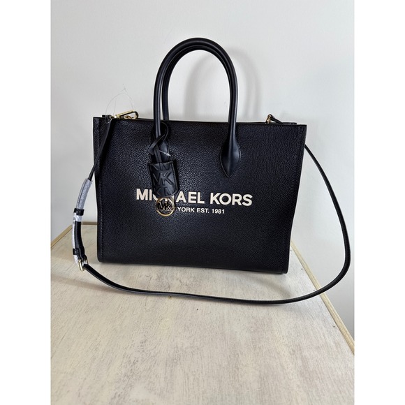 Michael Kors Mirella Tote Bag Black Pebbled Leather Handbag Purse‎ New With Tag - Picture 1 of 9
